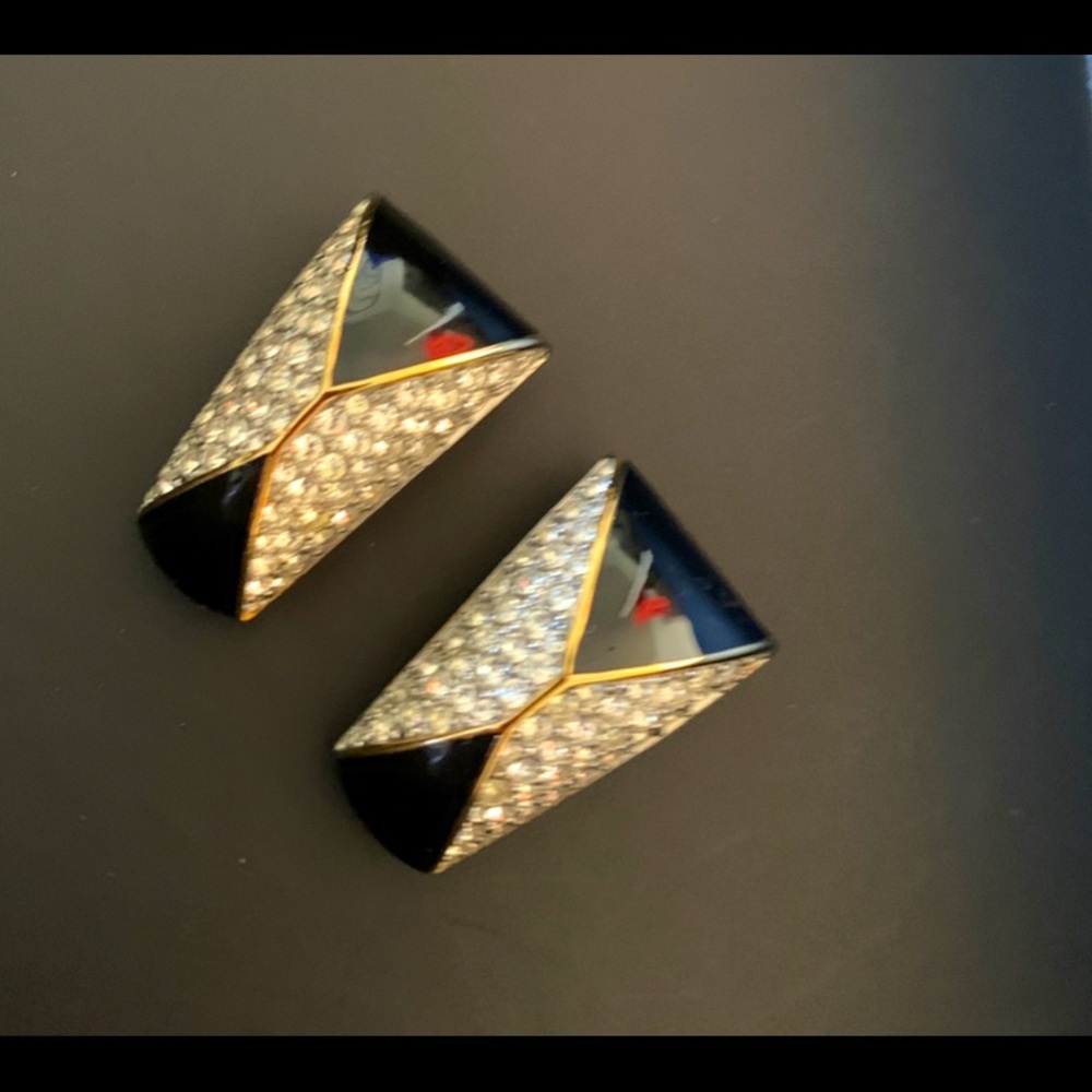 St John Black Enamel Clip Earrings